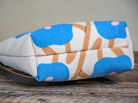 Ready to Ship | SMALL Canvas and Leather Tote Bag Blue Poppies | Handprinted | In Blue + Camp Blue collab