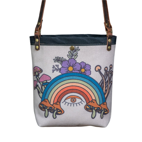 Ready to Ship | SMALL Canvas and Leather Tote Bag Rainbow Eye | Handprinted | In Blue + Camp Blue collab