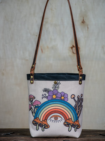 Ready to Ship | SMALL Canvas and Leather Tote Bag Rainbow Eye | Handprinted | In Blue + Camp Blue collab