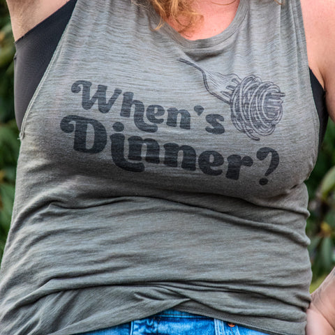 Hand printed Tank | When's Dinner? | Flowy Scoop Olive Tank | Camp Blue