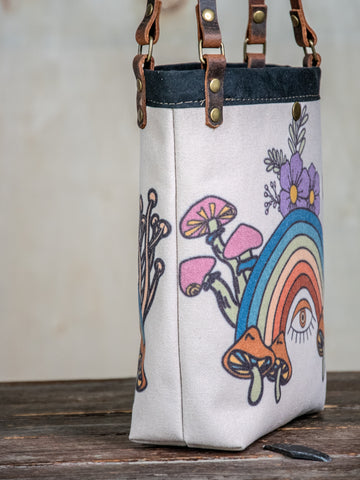 Ready to Ship | SMALL Canvas and Leather Tote Bag Rainbow Eye | Handprinted | In Blue + Camp Blue collab