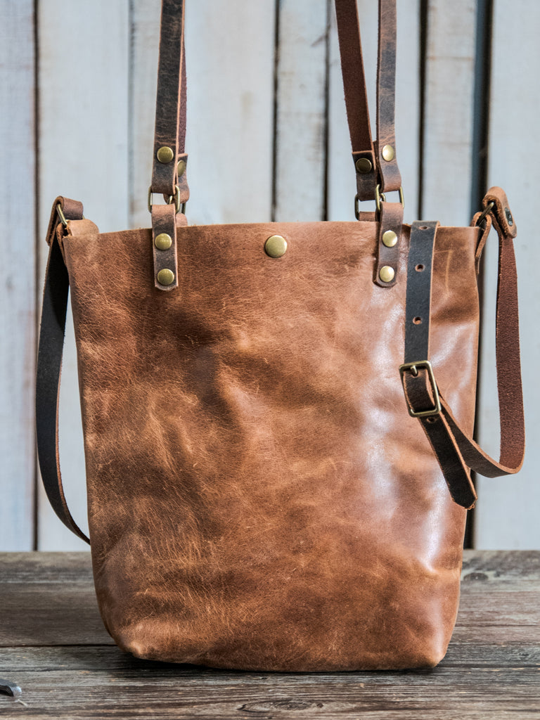 Ready to Ship | Almost Perfect | Handmade Tote Leather Bag | Small North South Tote | chestnut with both straps | K16