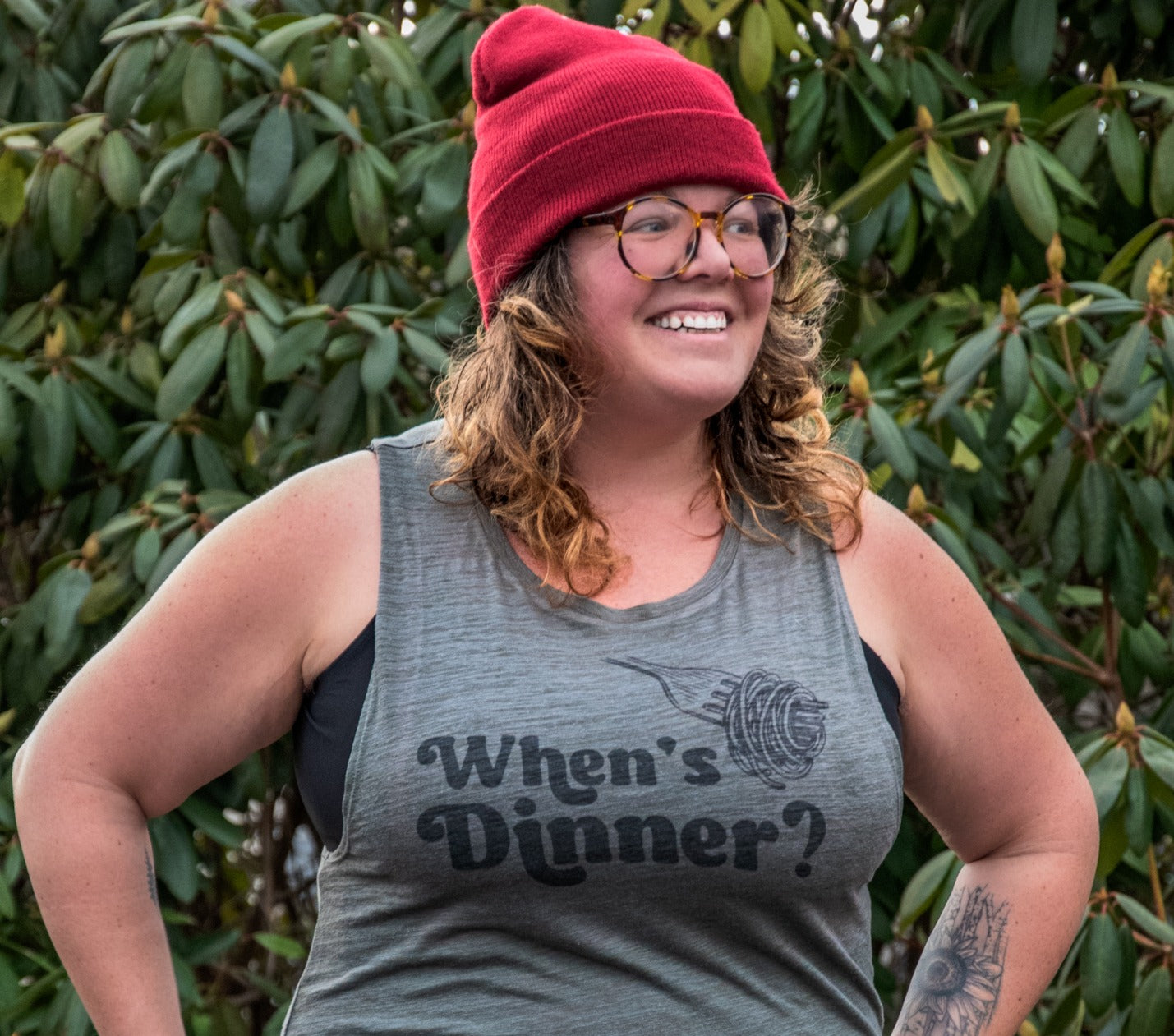 Hand printed Tank | When's Dinner? | Flowy Scoop Olive Tank | Camp Blue