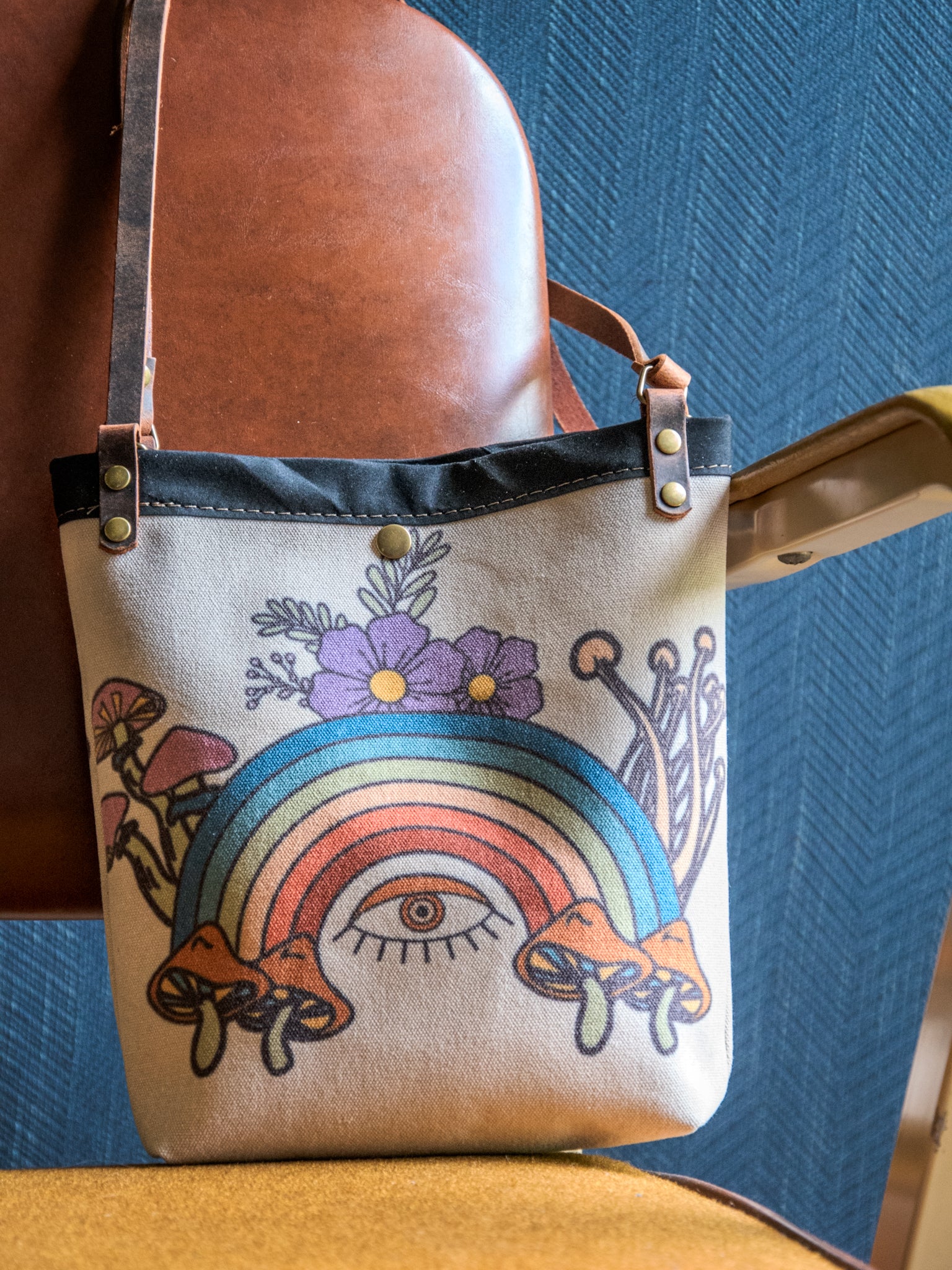 Ready to Ship | SMALL Canvas and Leather Tote Bag Rainbow Eye | Handprinted | In Blue + Camp Blue collab