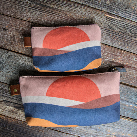 Retro Sunrise | Hand Printed Canvas Everyday Pouch | Camp Blue | Ready TO Ship