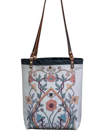Ready to Ship | Canvas and Leather Tote Bag All seeing eye floral | Handprinted | In Blue + Camp Blue collab