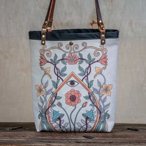 Ready to Ship | Canvas and Leather Tote Bag All seeing eye floral | Handprinted | In Blue + Camp Blue collab
