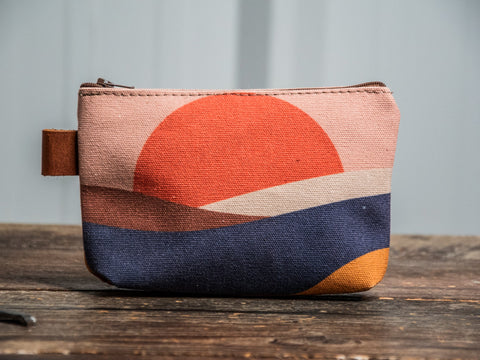 Retro Sunrise | Hand printed MEDIUM Canvas Pouch | Camp Blue | Ready To Ship