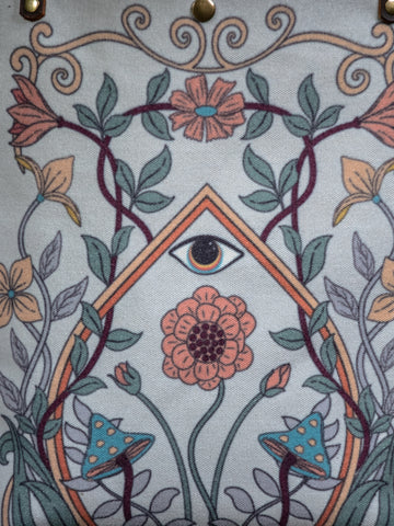 Ready to Ship | Canvas and Leather Tote Bag All seeing eye floral | Handprinted | In Blue + Camp Blue collab