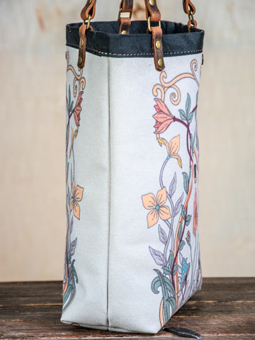 Ready to Ship | Canvas and Leather Tote Bag All seeing eye floral | Handprinted | In Blue + Camp Blue collab