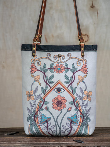 Ready to Ship | Canvas and Leather Tote Bag All seeing eye floral | Handprinted | In Blue + Camp Blue collab