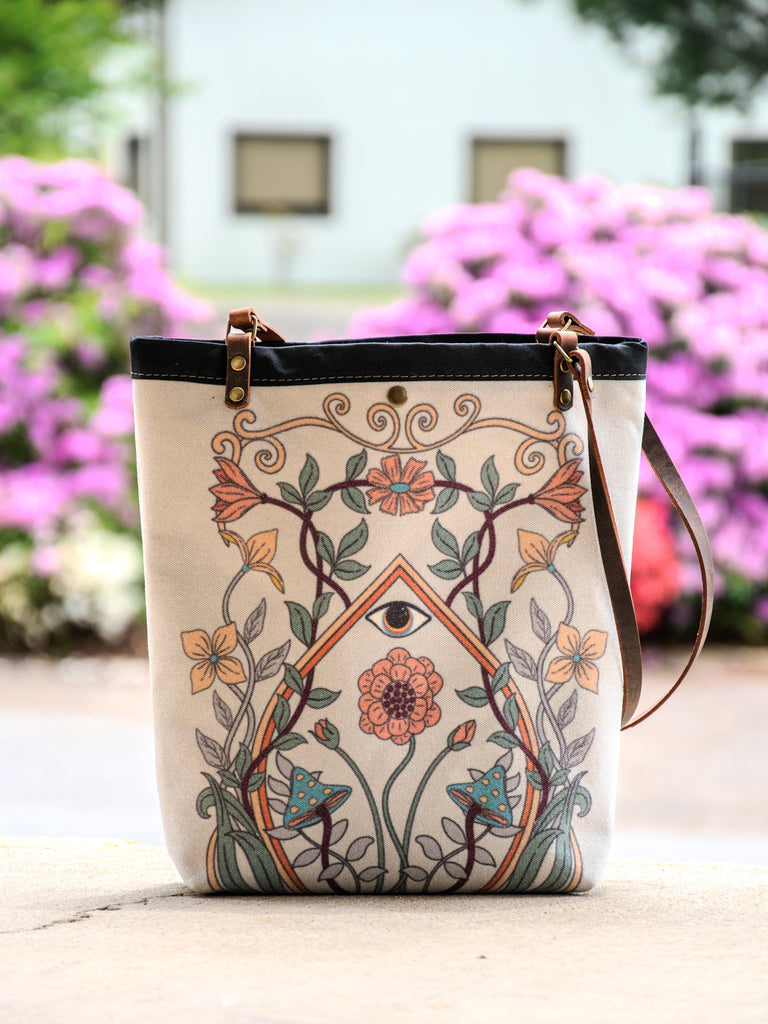 Ready to Ship | Canvas and Leather Tote Bag All seeing eye floral | Handprinted | In Blue + Camp Blue collab