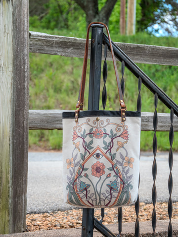 Ready to Ship | Canvas and Leather Tote Bag All seeing eye floral | Handprinted | In Blue + Camp Blue collab