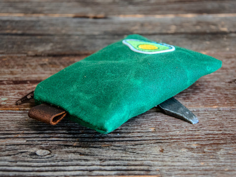 Ready to Ship | Embroidered Patch | Handmade Waxed Canvas Zipper Pouch | Avocado!