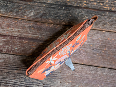 Ready to Ship | Orange Red Flower Pot | Hand printed MEDIUM Canvas Pouch | In Blue + Camp Blue