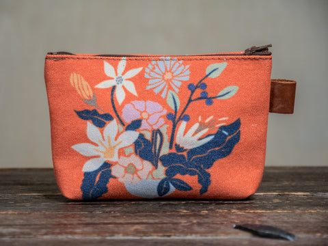 Ready to Ship | Orange Red Flower Pot | Hand printed MEDIUM Canvas Pouch | In Blue + Camp Blue
