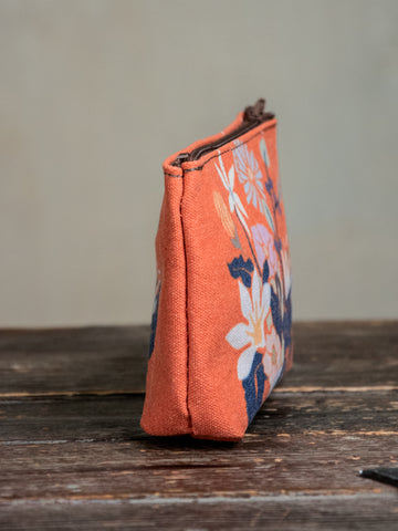 Ready to Ship | Orange Red Flower Pot | Hand printed MEDIUM Canvas Pouch | In Blue + Camp Blue
