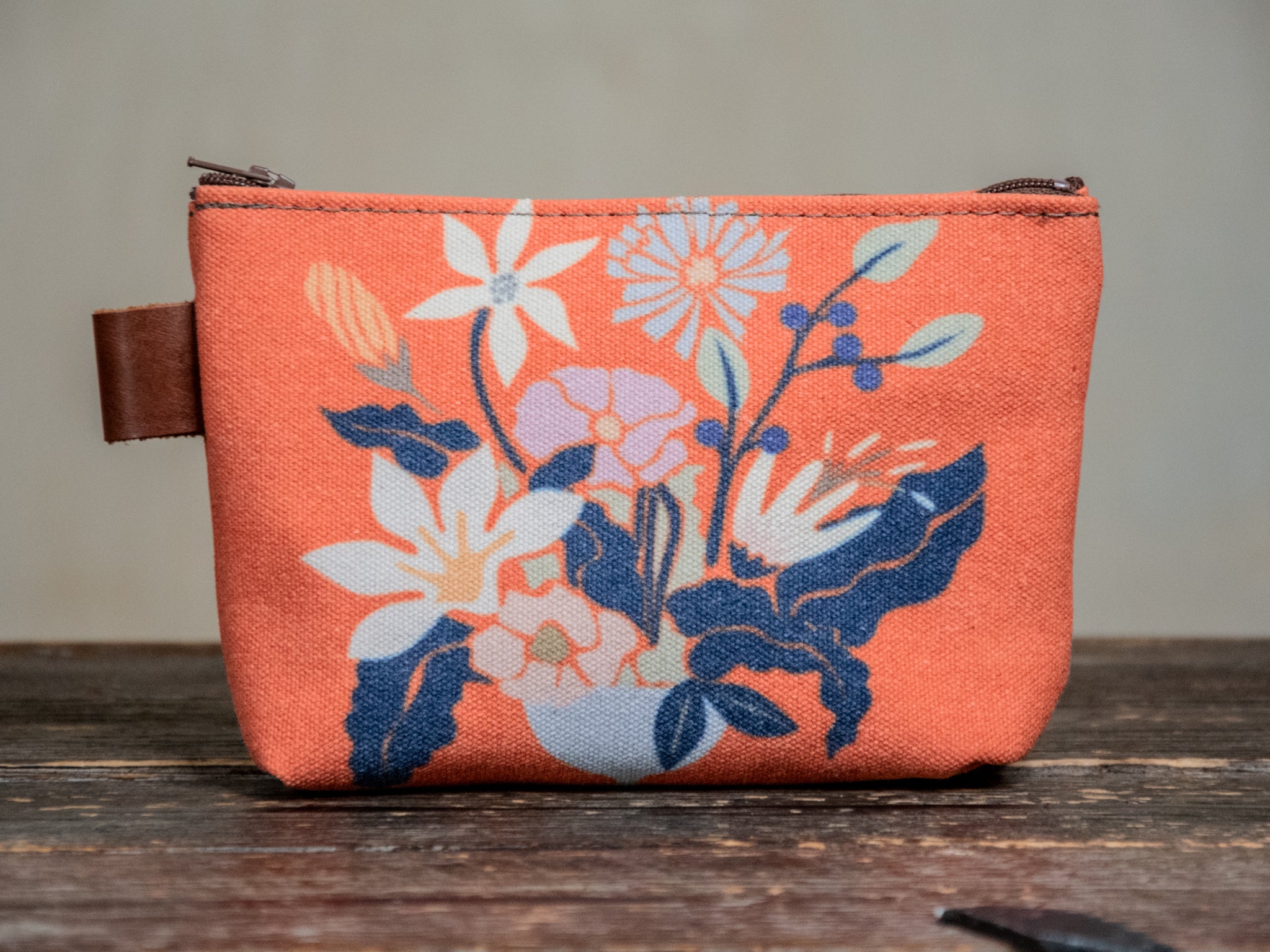 Ready to Ship | Orange Red Flower Pot | Hand printed MEDIUM Canvas Pouch | In Blue + Camp Blue