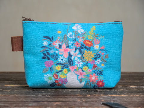 Ready to Ship | Blue Flower Pot | Hand printed MEDIUM Canvas Pouch | In Blue + Camp Blue