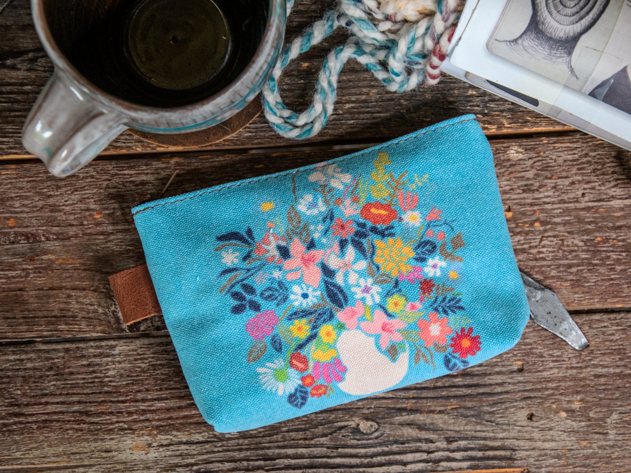 Ready to Ship | Blue Flower Pot | Hand printed MEDIUM Canvas Pouch | In Blue + Camp Blue