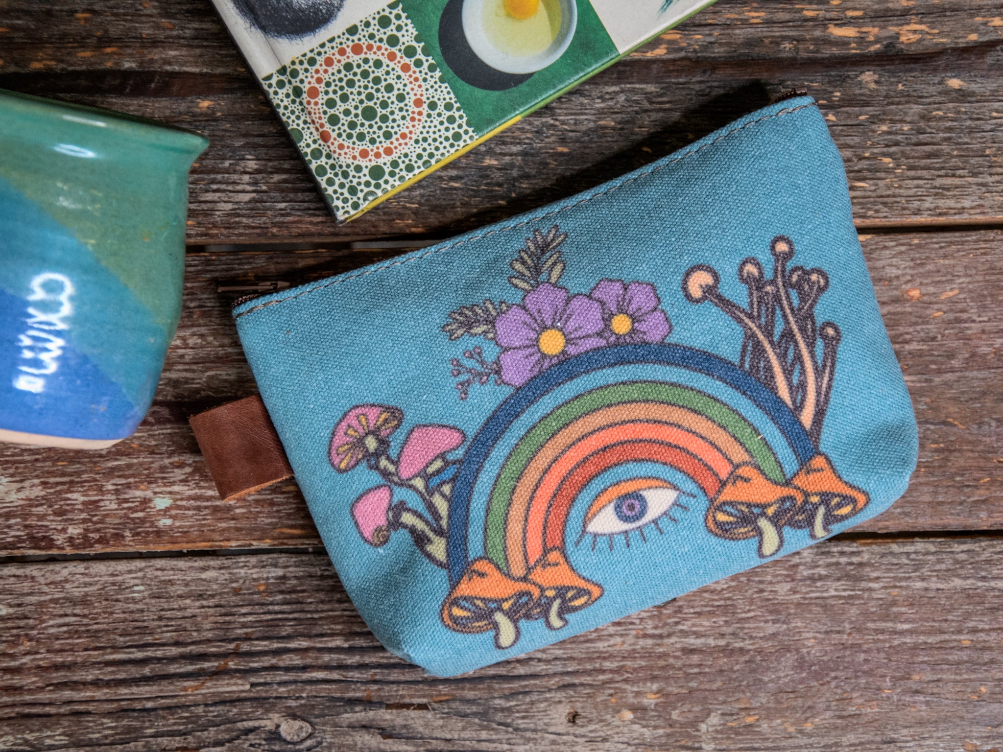 Ready to Ship | Rainbow Eye | Hand printed MEDIUM Canvas Pouch | In Blue + Camp Blue