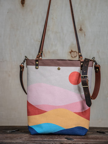 Ready to Ship | Canvas and Leather Tote Bag 70s Mountain | Handprinted | In Blue + Camp Blue collab