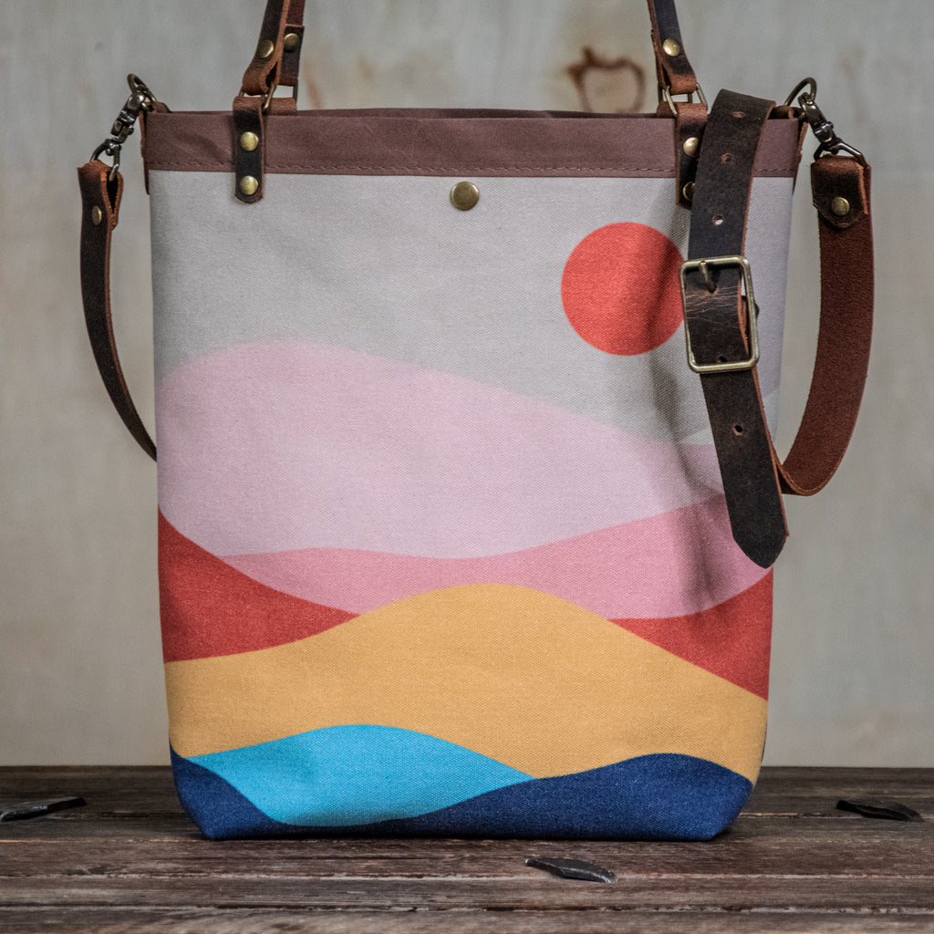 Ready to Ship | Canvas and Leather Tote Bag 70s Mountain | Handprinted | In Blue + Camp Blue collab