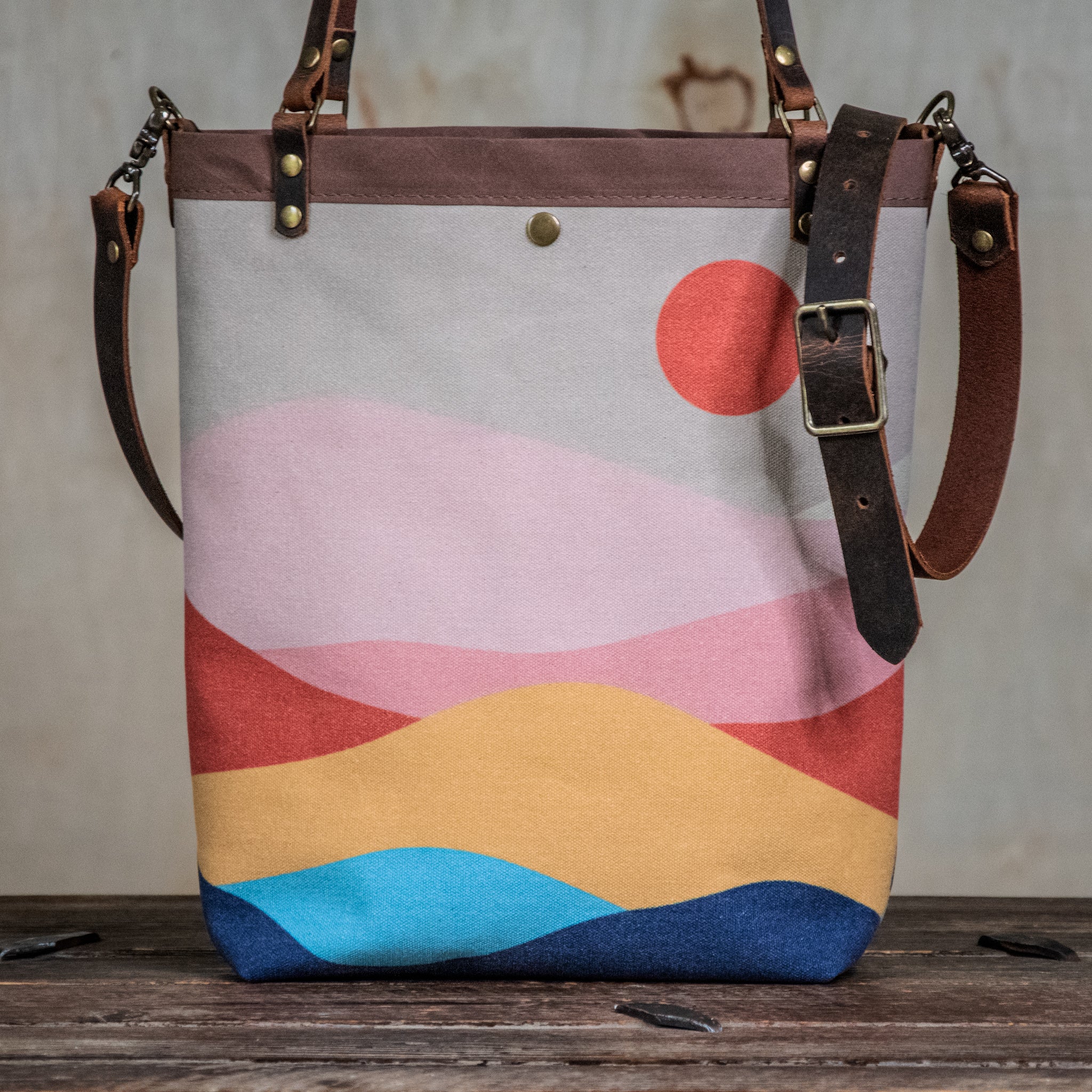 Ready to Ship | Canvas and Leather Tote Bag 70s Mountain | Handprinted | In Blue + Camp Blue collab