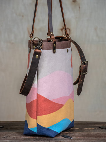 Ready to Ship | Canvas and Leather Tote Bag 70s Mountain | Handprinted | In Blue + Camp Blue collab