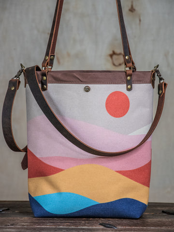 Ready to Ship | Canvas and Leather Tote Bag 70s Mountain | Handprinted | In Blue + Camp Blue collab