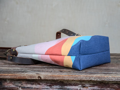 Ready to Ship | Canvas and Leather Tote Bag 70s Mountain | Handprinted | In Blue + Camp Blue collab
