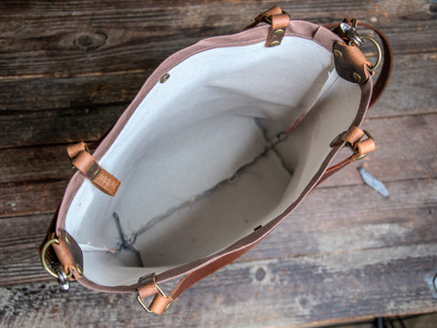 Ready to Ship | Canvas and Leather Tote Bag 70s Mountain | Handprinted | In Blue + Camp Blue collab