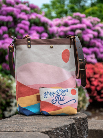Ready to Ship | Canvas and Leather Tote Bag 70s Mountain | Handprinted | In Blue + Camp Blue collab