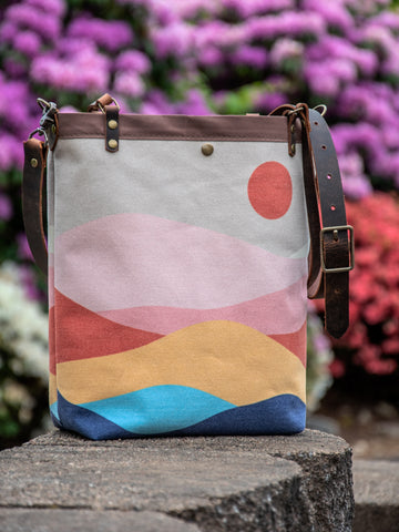 Ready to Ship | Canvas and Leather Tote Bag 70s Mountain | Handprinted | In Blue + Camp Blue collab