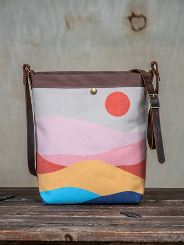 Ready to Ship | SMALL Canvas and Leather Tote Bag 70s Mountain | Handprinted | In Blue + Camp Blue collab