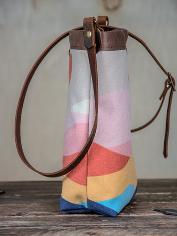 Ready to Ship | SMALL Canvas and Leather Tote Bag 70s Mountain | Handprinted | In Blue + Camp Blue collab
