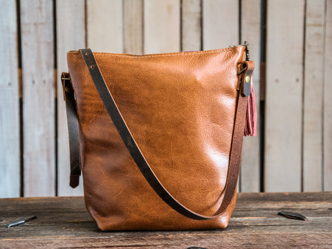 Handmade Tote Leather Bag | Small North South Tote | Bourbon Hayley Mountain to Ocean Tote | NEW COLORWAY