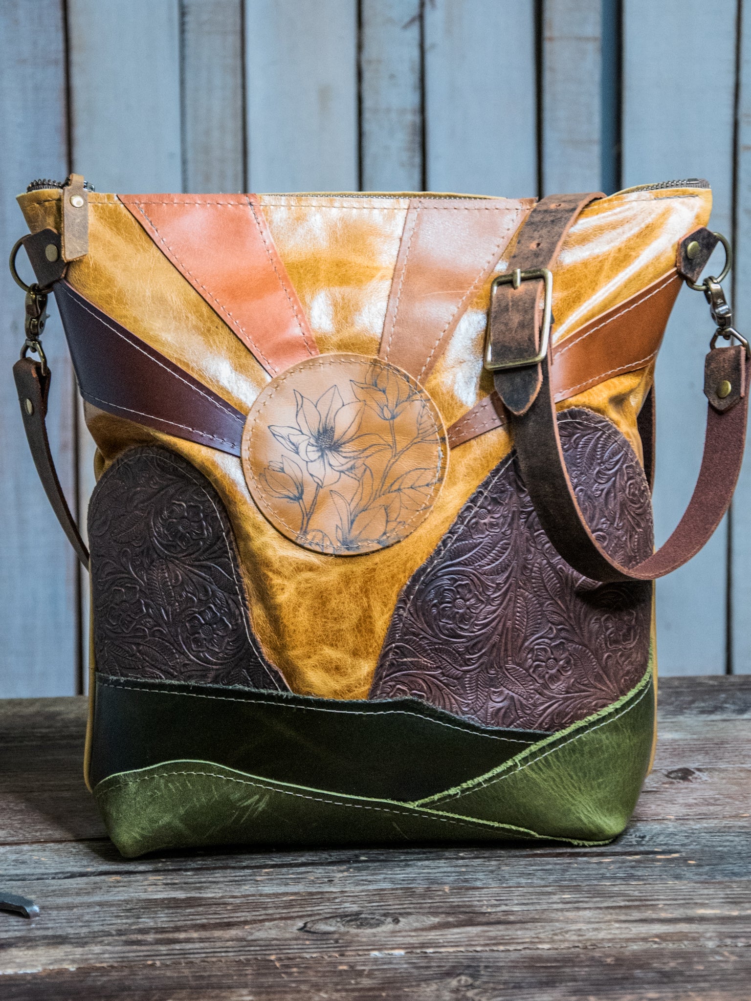 Ready to Ship | Handmade Leather Tote Bag | The hills are alive! Large North South | M31