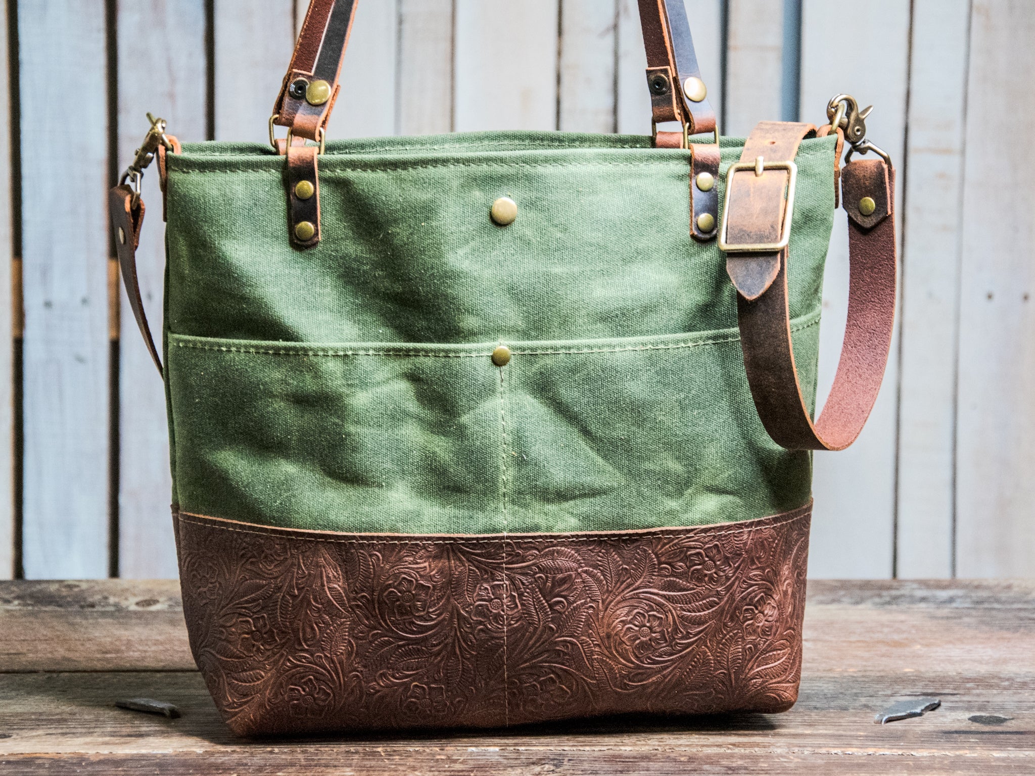 Ready to Ship | Handmade Waxed canvas and leather Bag | Olive ML Tote with tooled bottom | M25