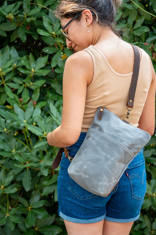 Warehouse Sale | Waxed Canvas Sling Bag | Waxed Canvas and leather Zipper Purse | Small Tote Sling | Holiday Warehouse Sale!