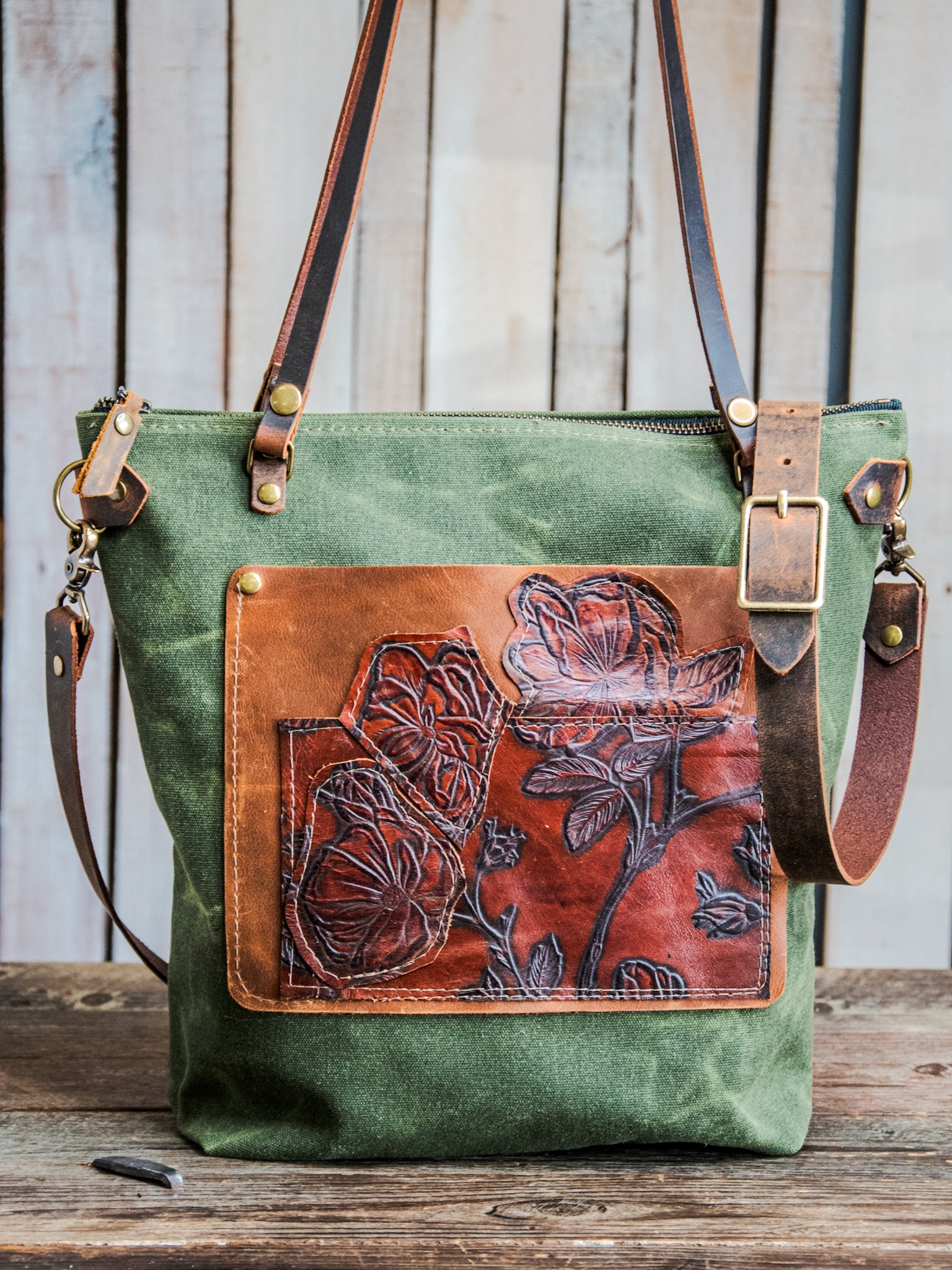 Ready to Ship | Handmade Leather Tote Bag | Waxed Canvas Western N/S | M43