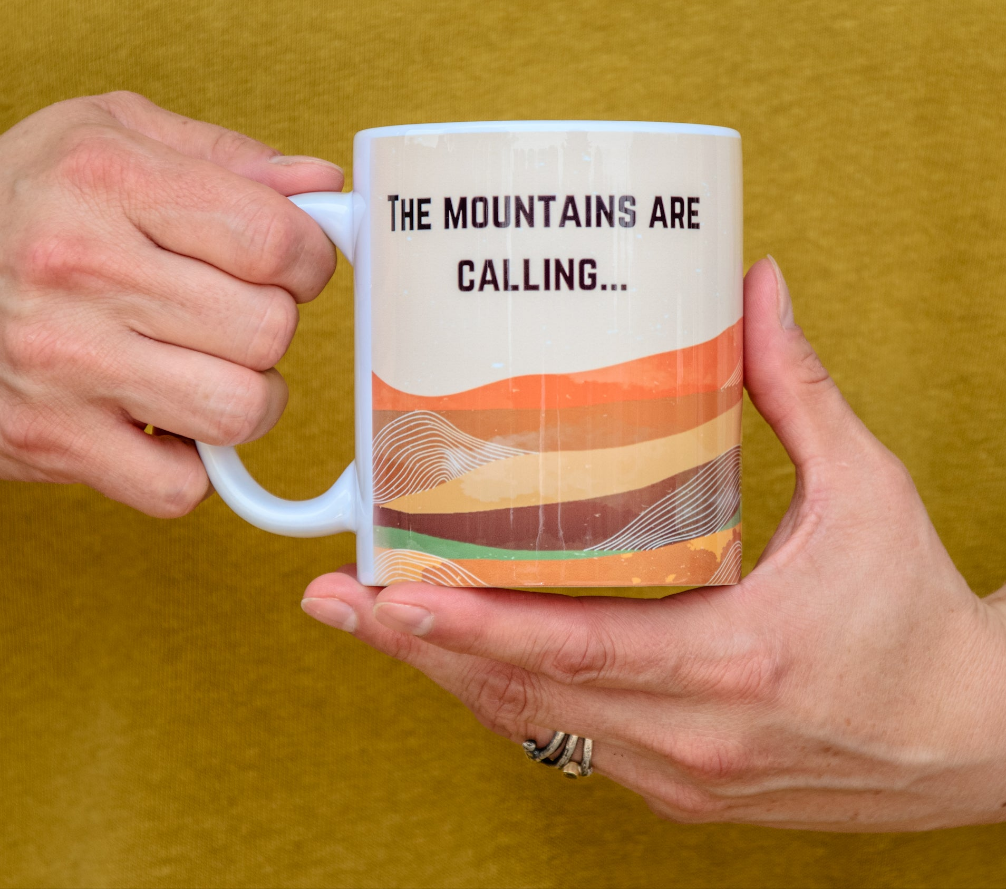 The In Blue Mug | Coffee Cup | Hand printed original artwork mugs | The Mountains are Calling...