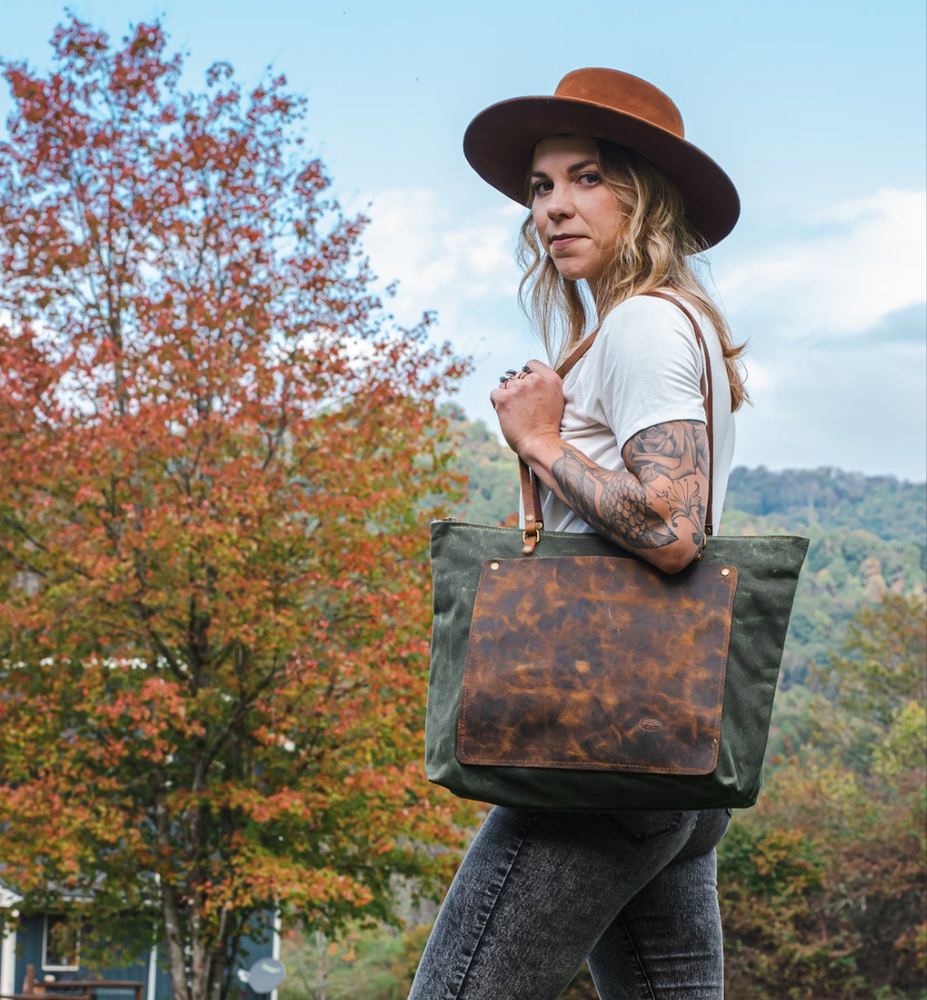 Tote Bag with Leather Pocket – In Blue Handmade
