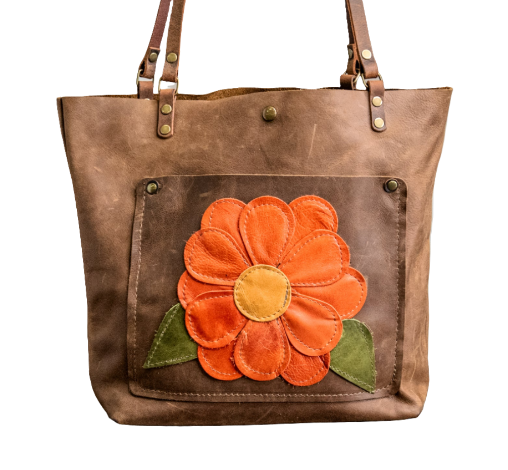 Ready to Ship | Handmade Leather Tote Bag | Medium Classic | Orange Flower