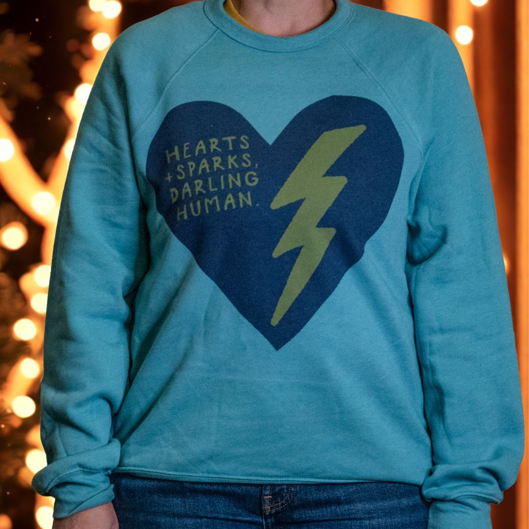 Handprinted Sweatshirt | Hearts + Sparks | Unisex Tri-Blend |  Lagoon Blue