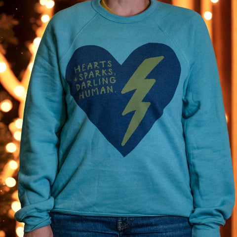 Handprinted Sweatshirt | Hearts + Sparks | Unisex Tri-Blend |  Lagoon Blue