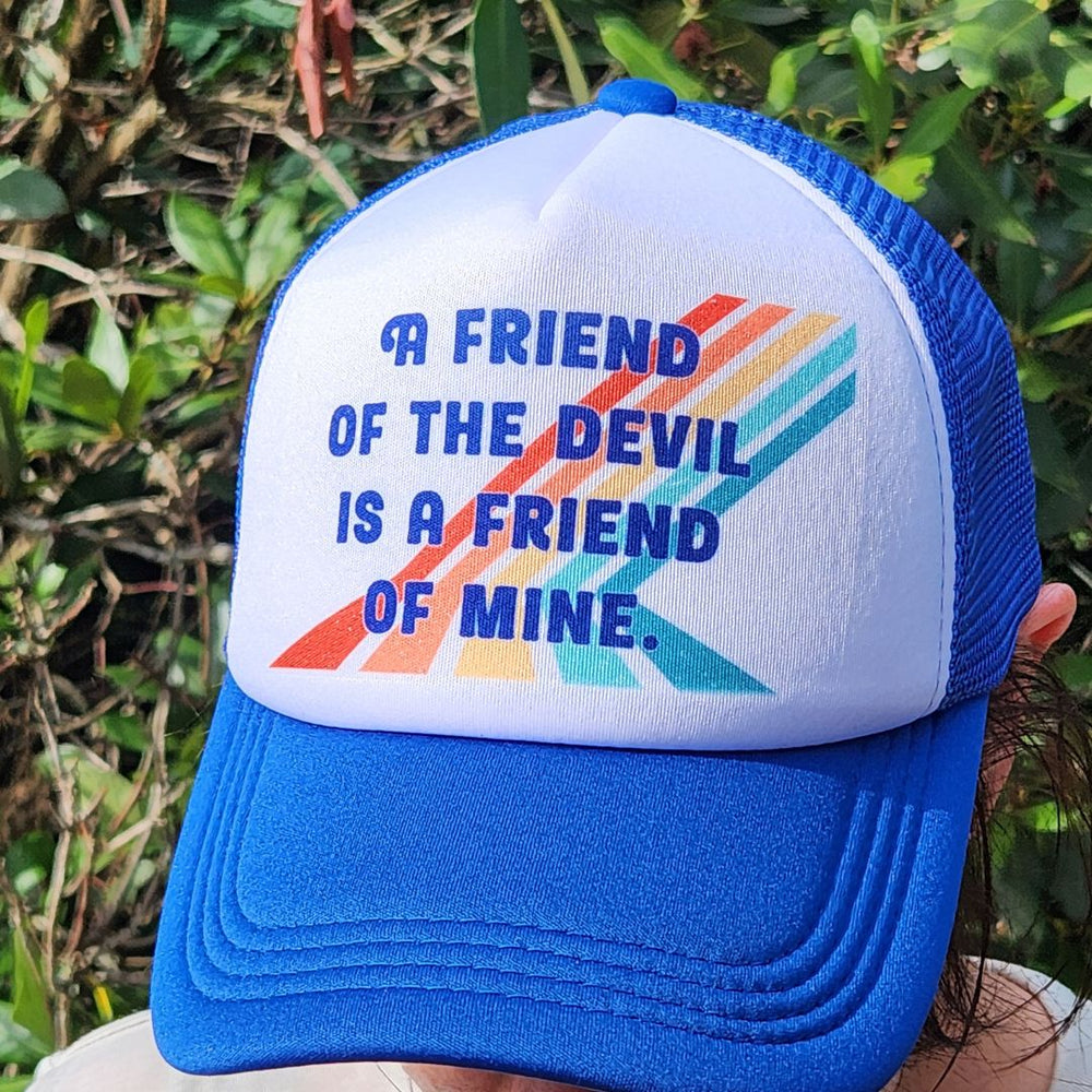 【Thought We Friends】Studded Trucker Cap Trucker Hat | Hand Printed | Friend of the Devil | Blue – In Blue