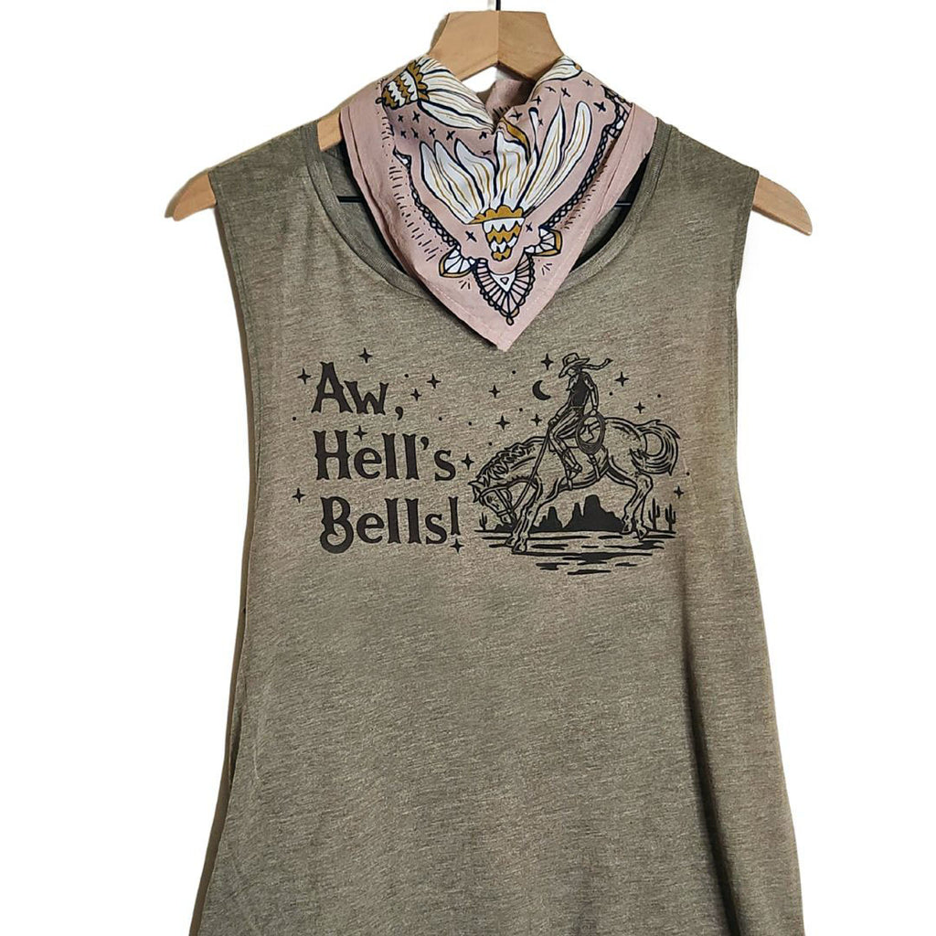 Hand printed Tank | Hell's Bells | Flowy Scoop Olive Tank
