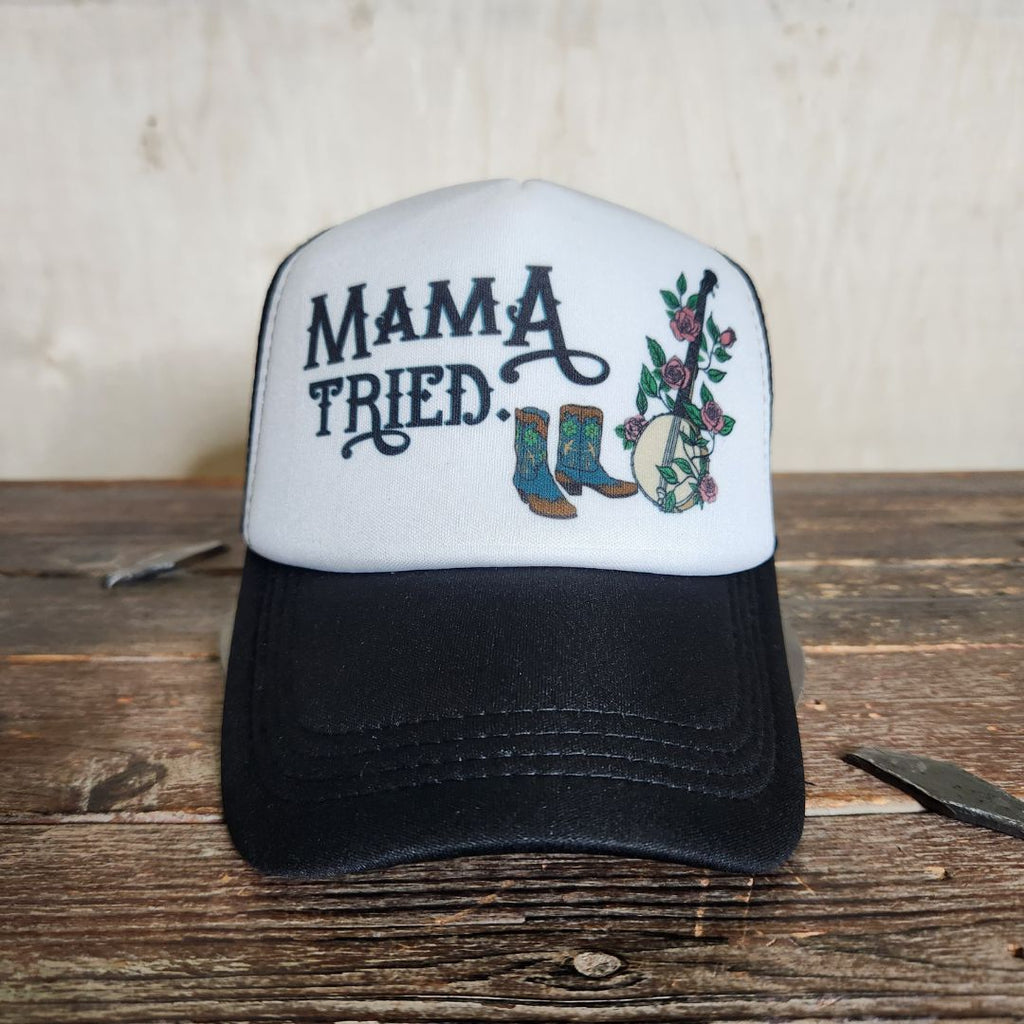 Ready to Ship | Trucker Hat | Hand Printed | Mama Tried | Black Hat