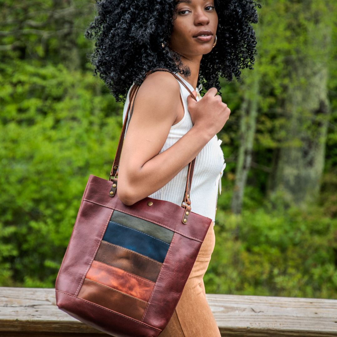 Limited Run New Merlot 1970's Window Patchwork Tote | Large North South Tote | Handmade Leather tote bag